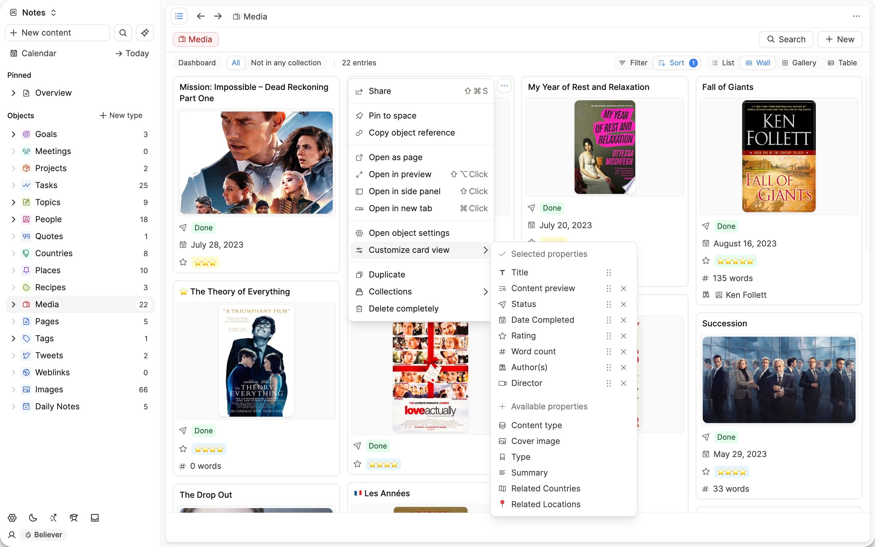 Customize card view via object menu