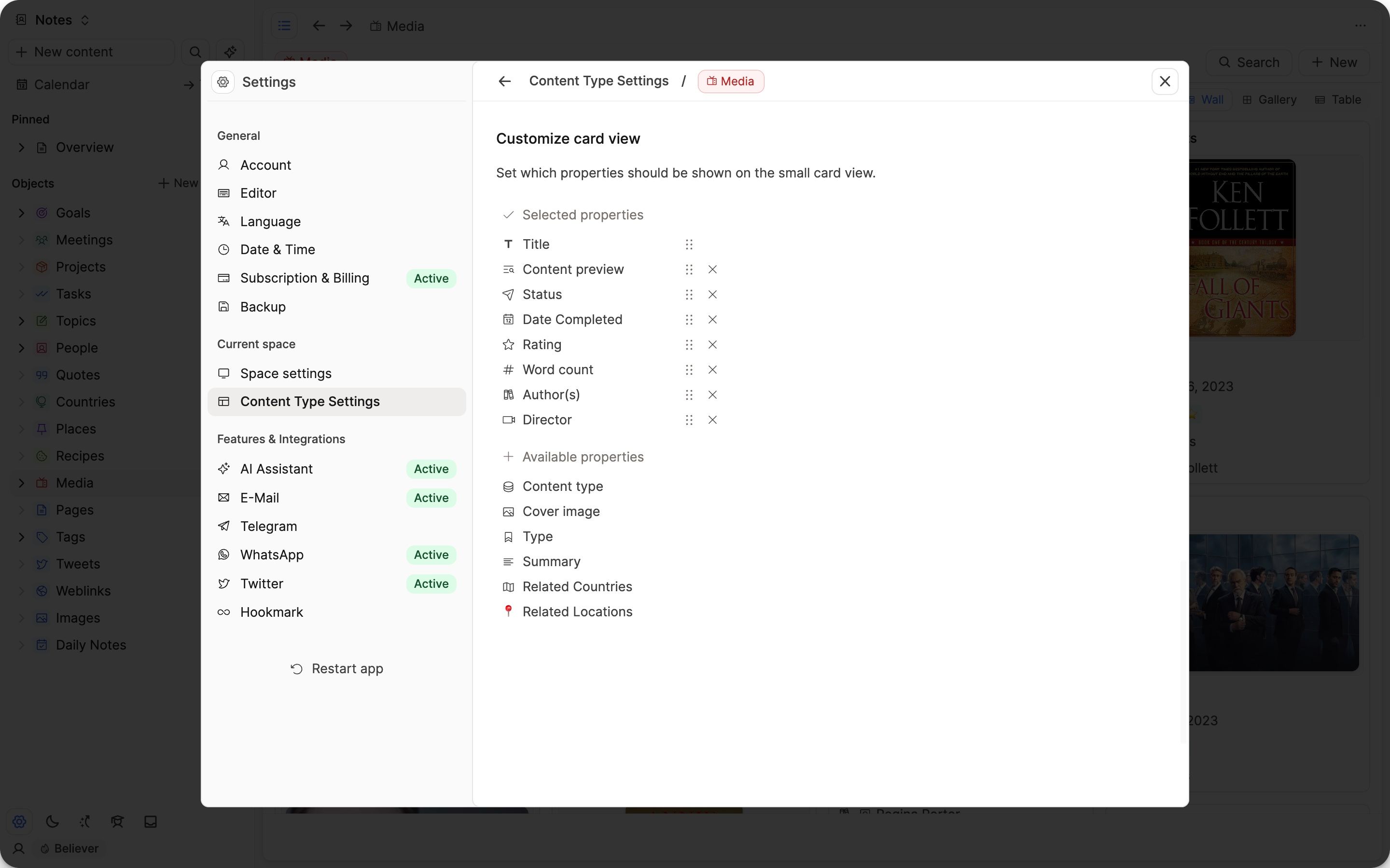 Customize card view in the settings