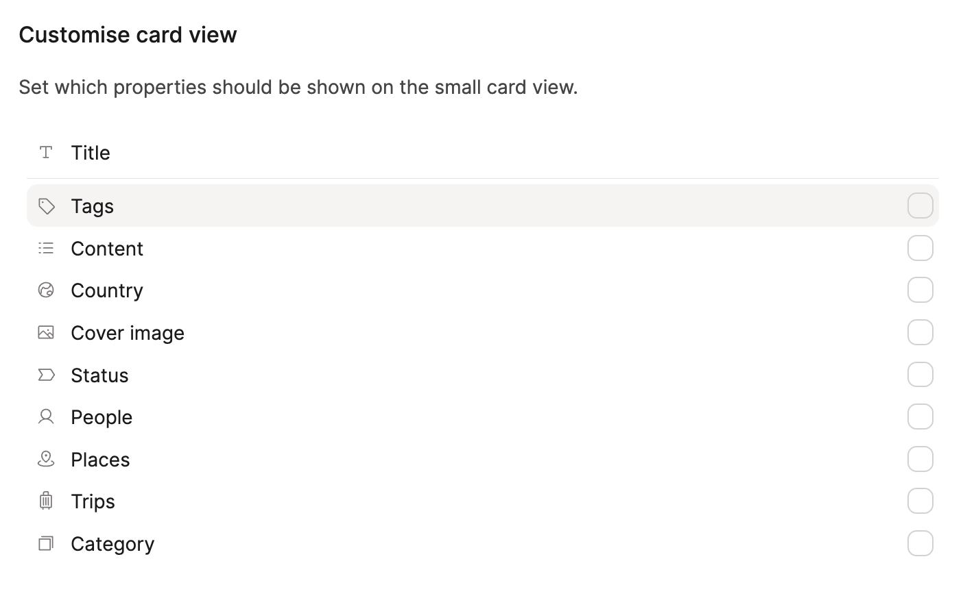 Customize card view in the settings
