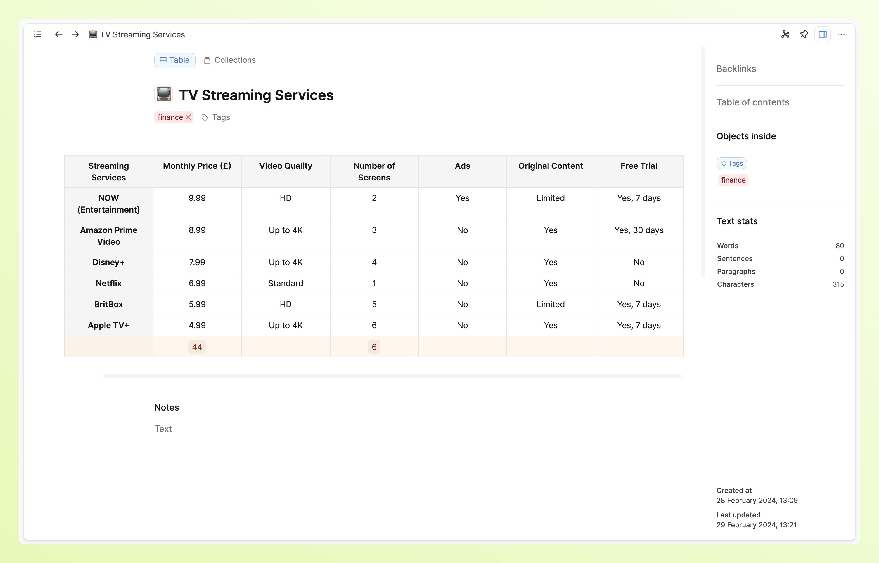 Tables with formulas