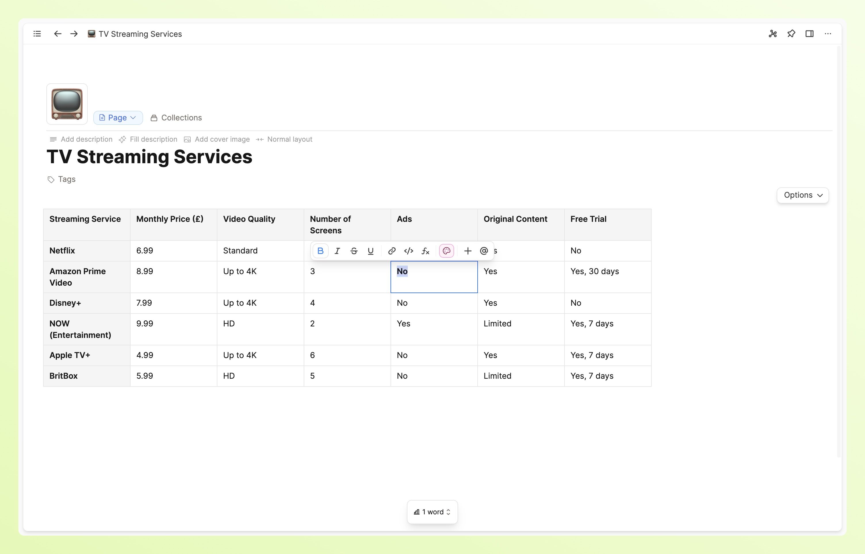 Text formatting in table