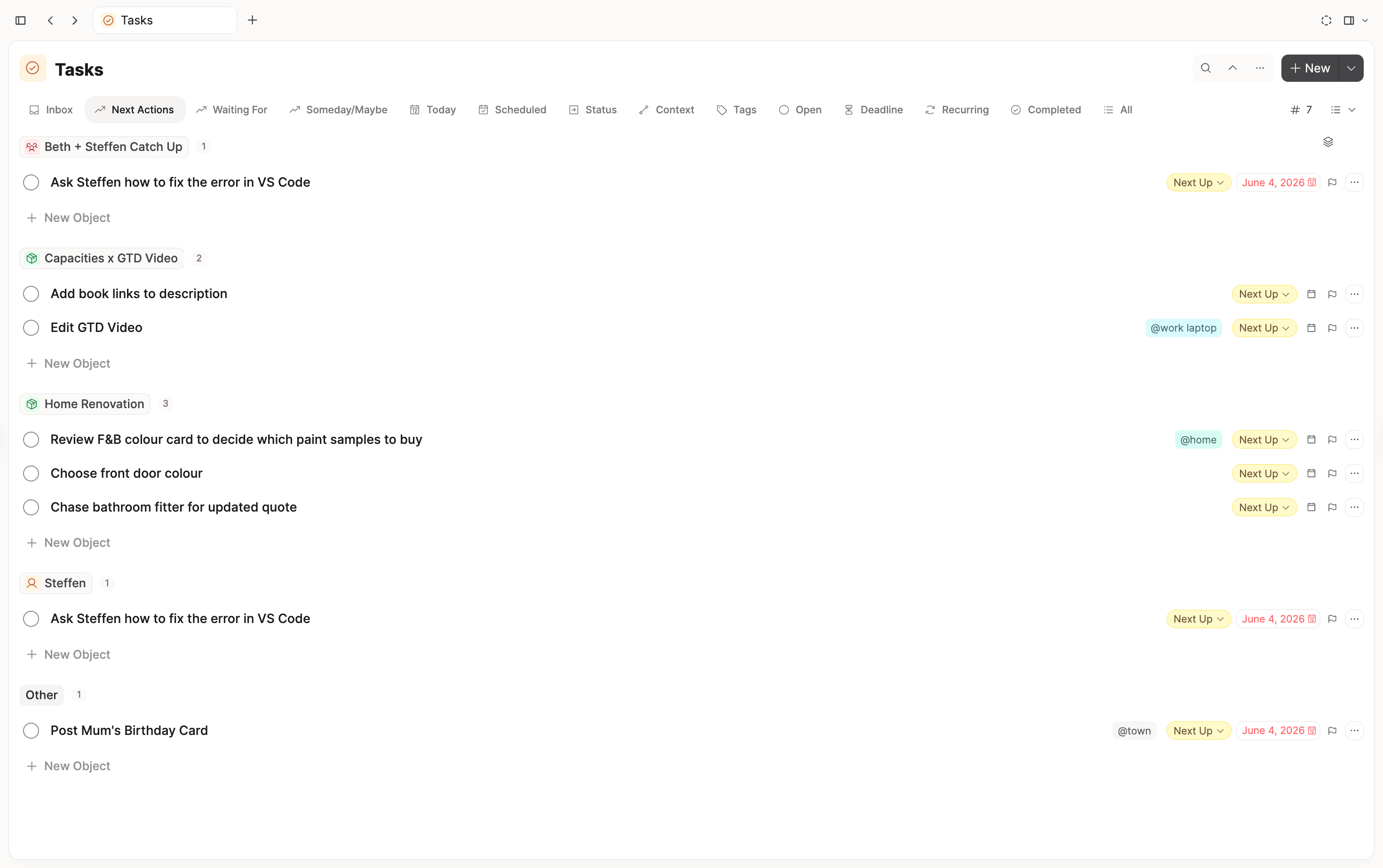Next actions grouped by project with Backlink objects