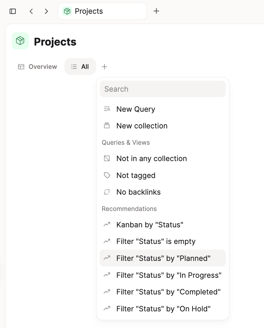 Project dashboard sections filtered by status
