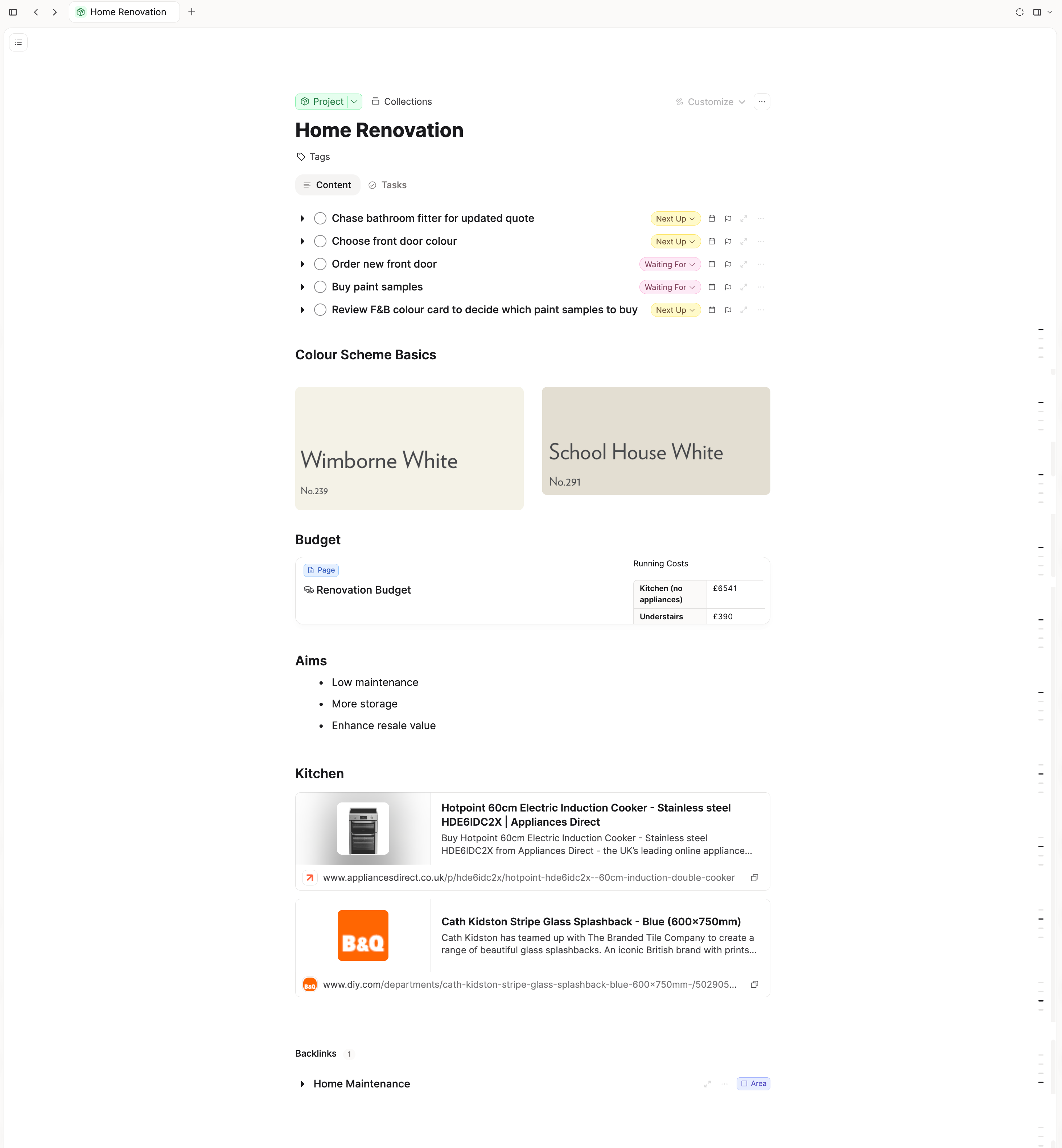 Reference material and tasks on a project page