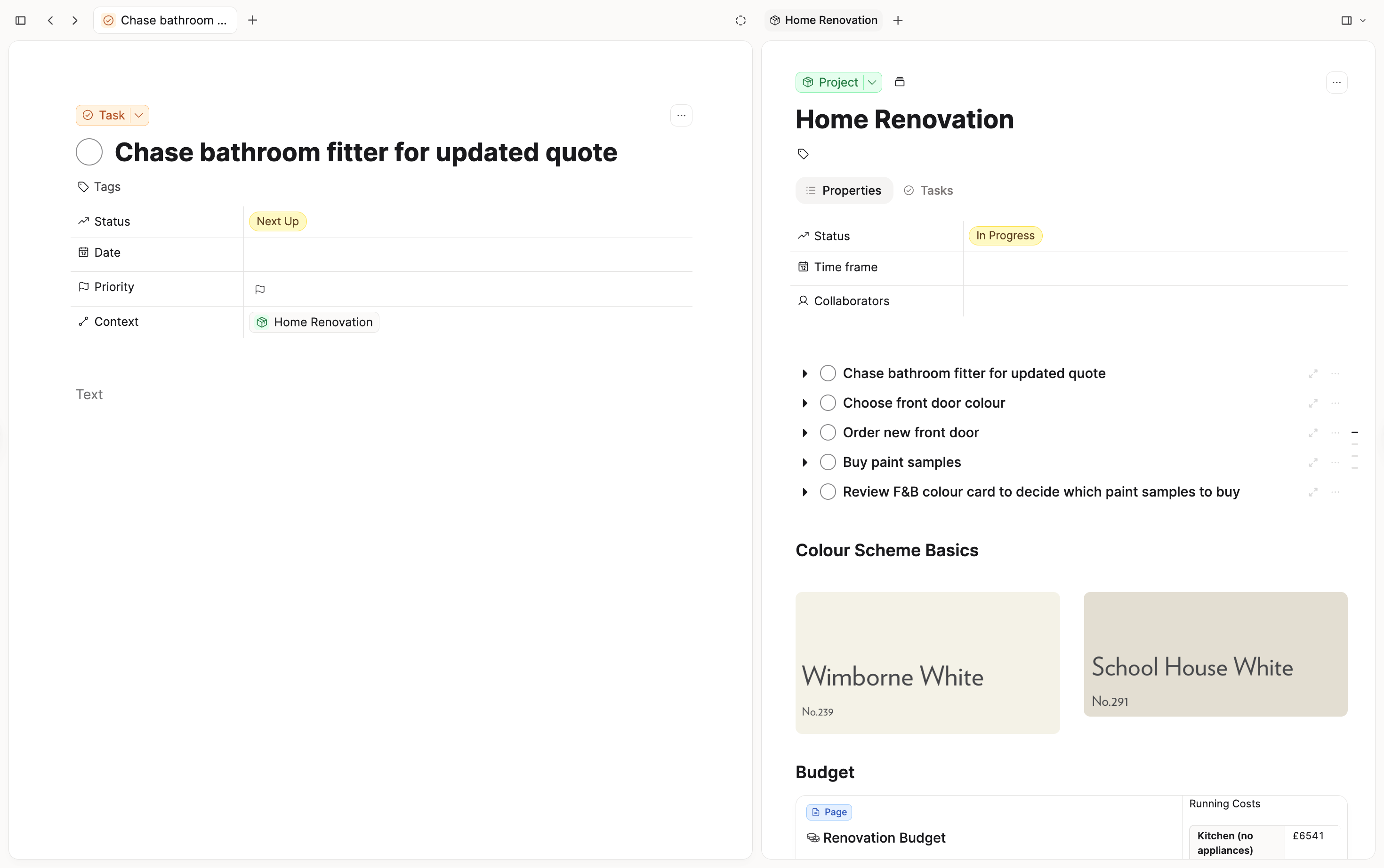 Task and project open side by side with Context linked