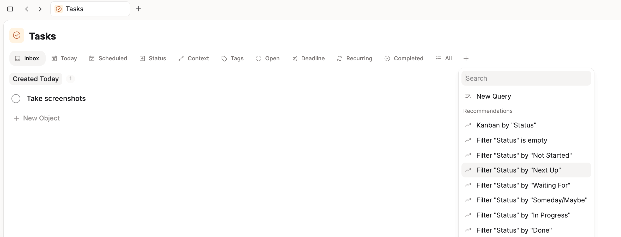Task dashboard sections for Next actions, Waiting for, and Someday