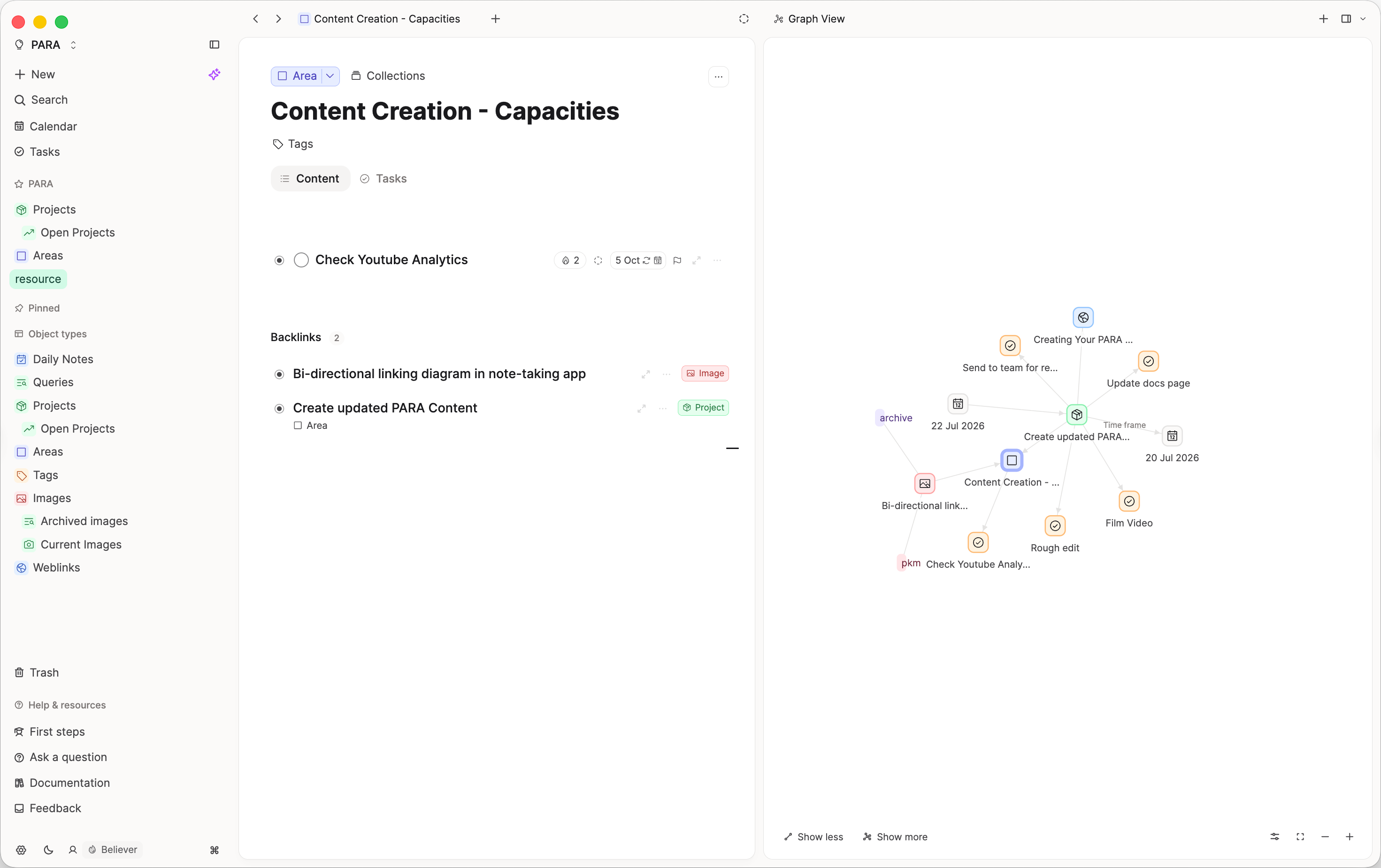 Area page with graph of linked projects and content