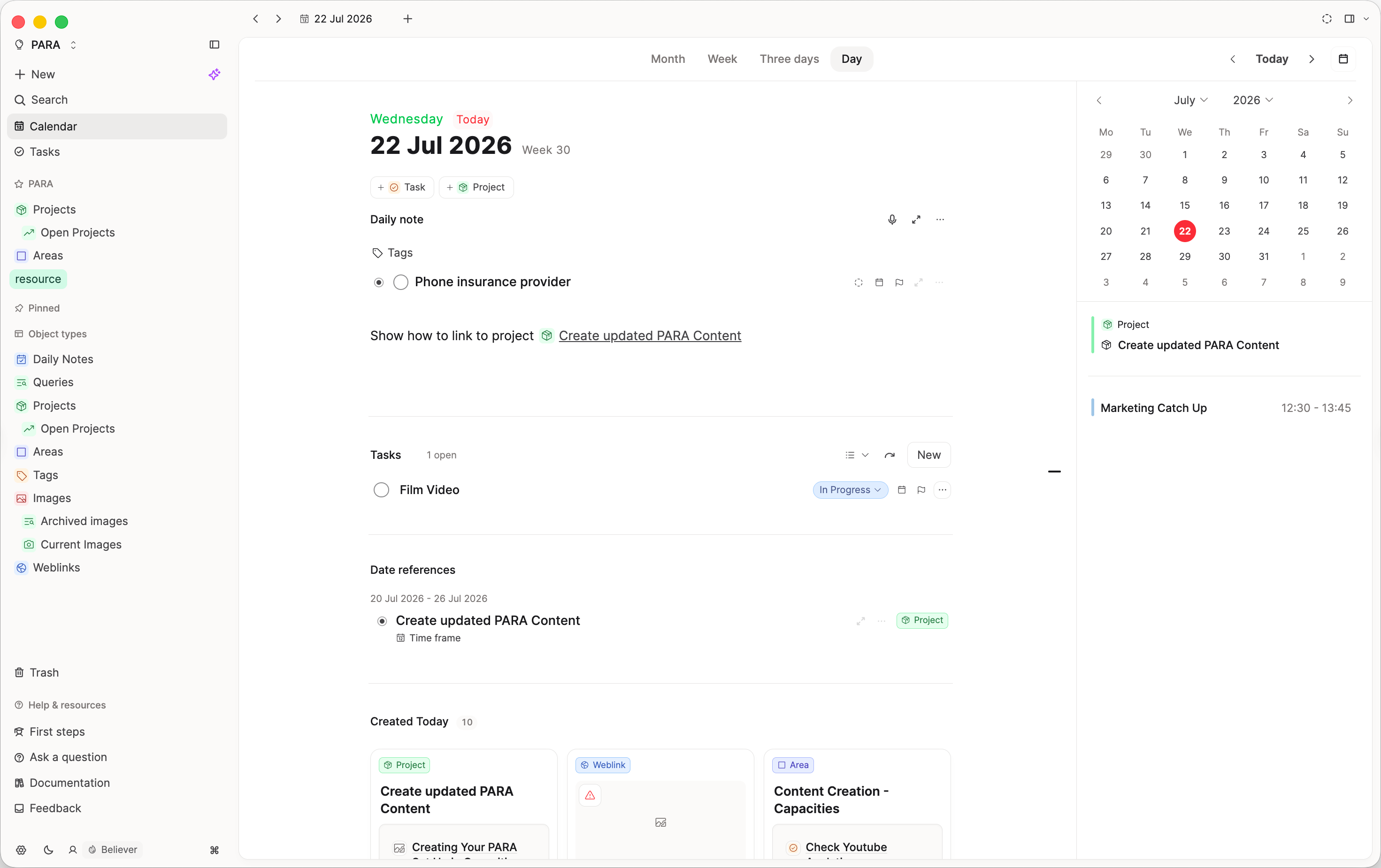 Daily note as inbox with linked project