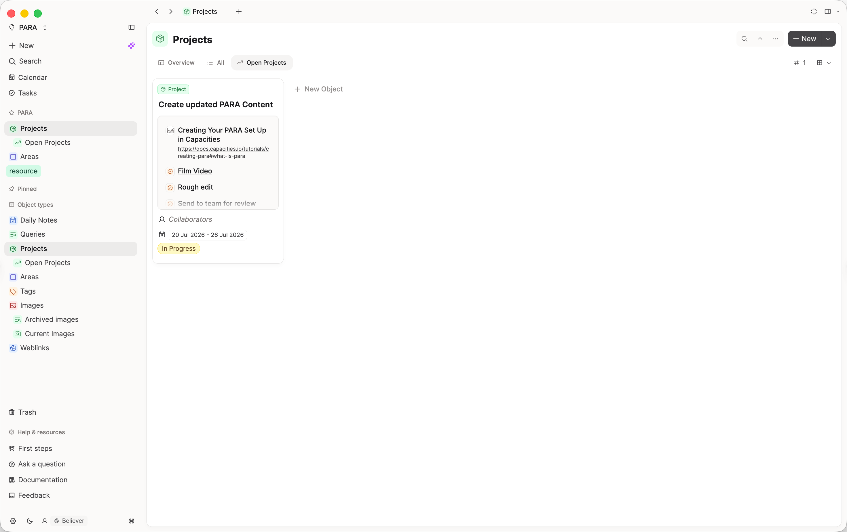 Open projects view
