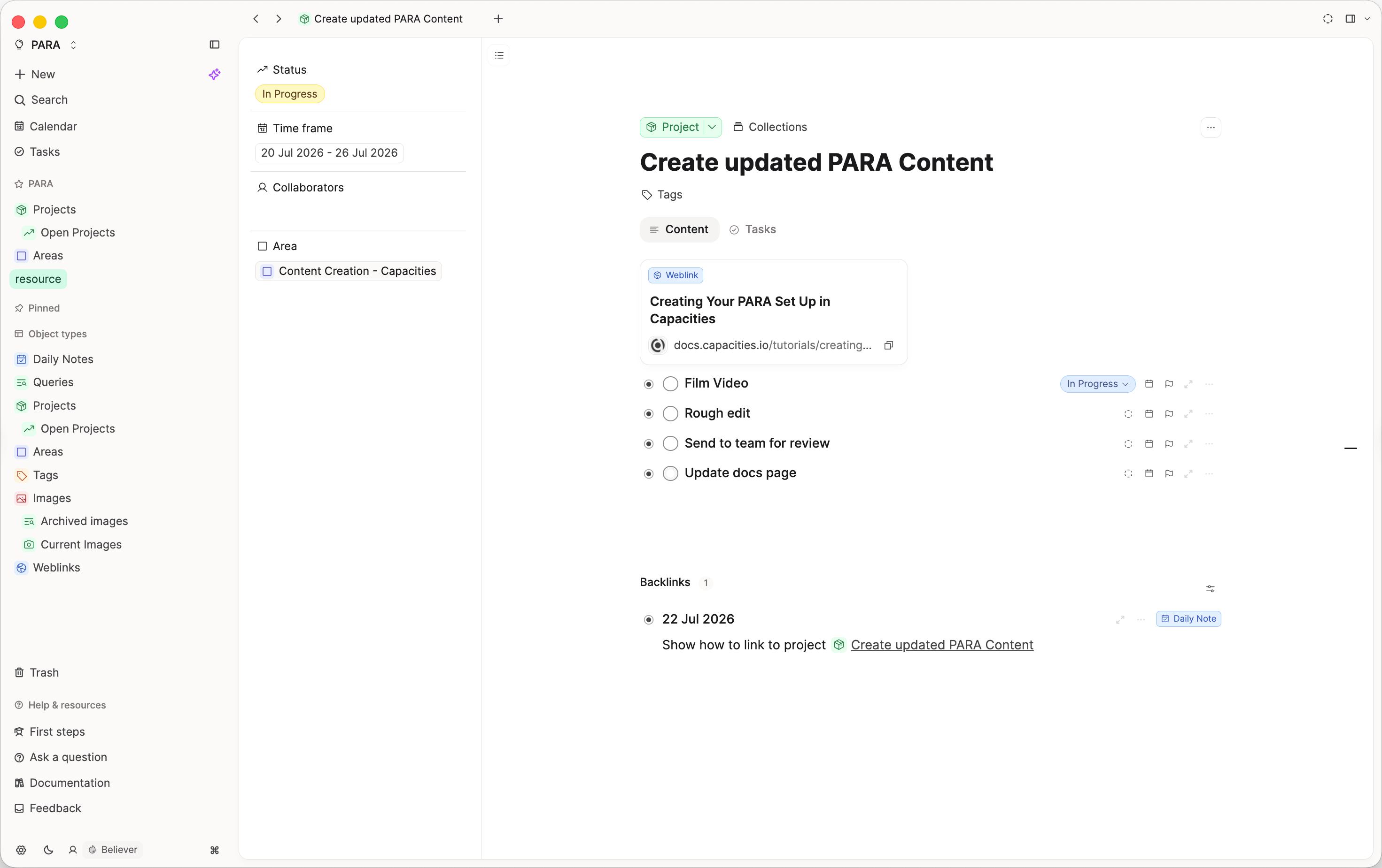 Project hub with linked content and tasks